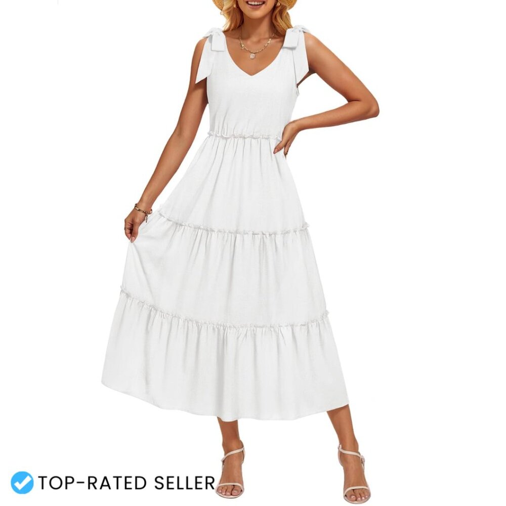 Summer Spaghetti Strap Midi Dress Tie Shoulder V Neck Flowy A Line Tiered